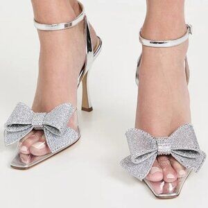 $730 NALEBE Womens Glitter Big Bow Dimante Pointed Toe Flare PVC Pumps Shoes 40